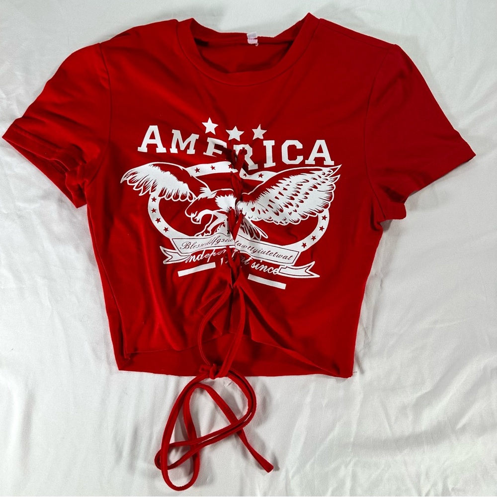 Red Graphic Tie-Front Women's Top